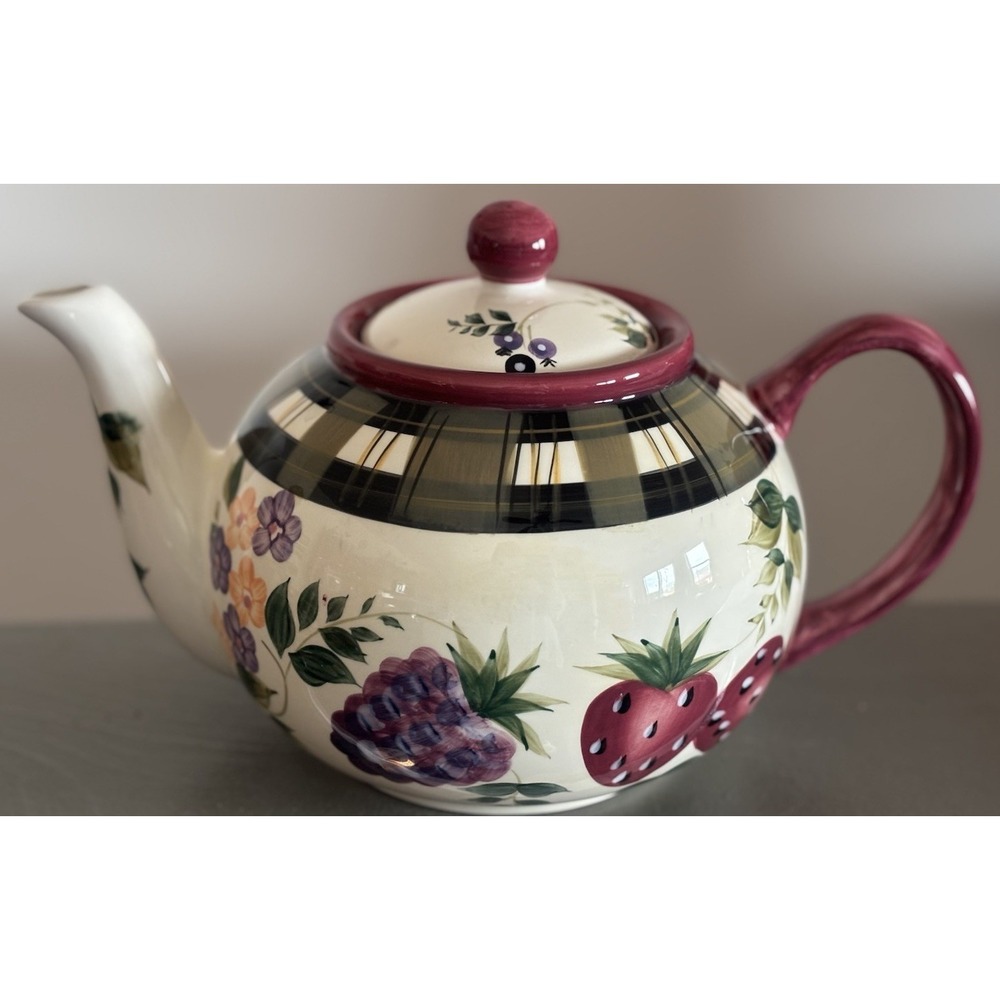 Oneida Strawberry Plaid Tea Pot Hand Painted Cottage Granny Core Teapot Retired